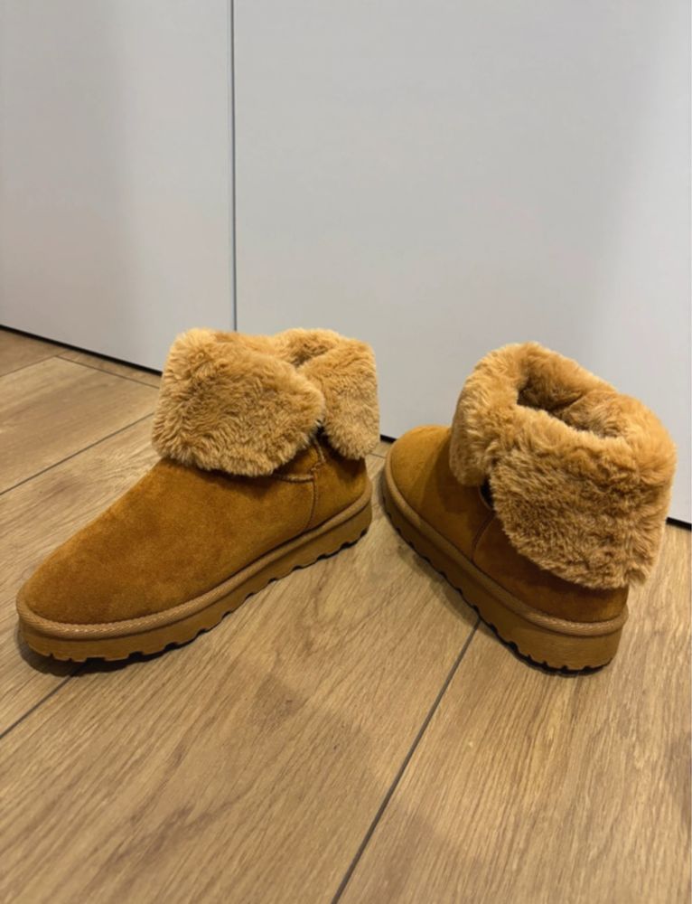 Brązowe botki śniegowce z imitacji zamszu