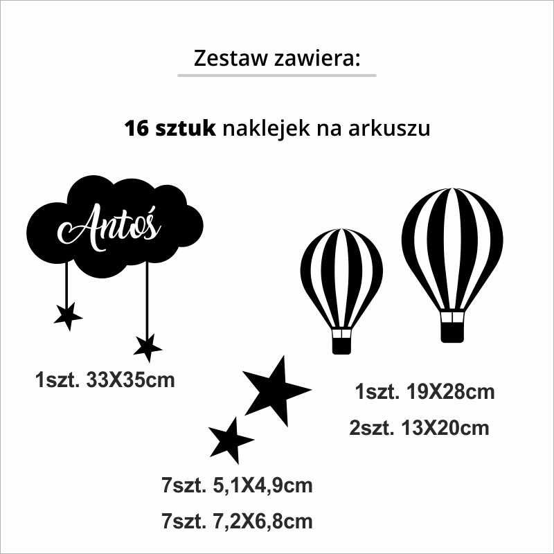 Naklejki ścienne na ścianę dla dzieci balony, gwiazdki, chmurki, imię