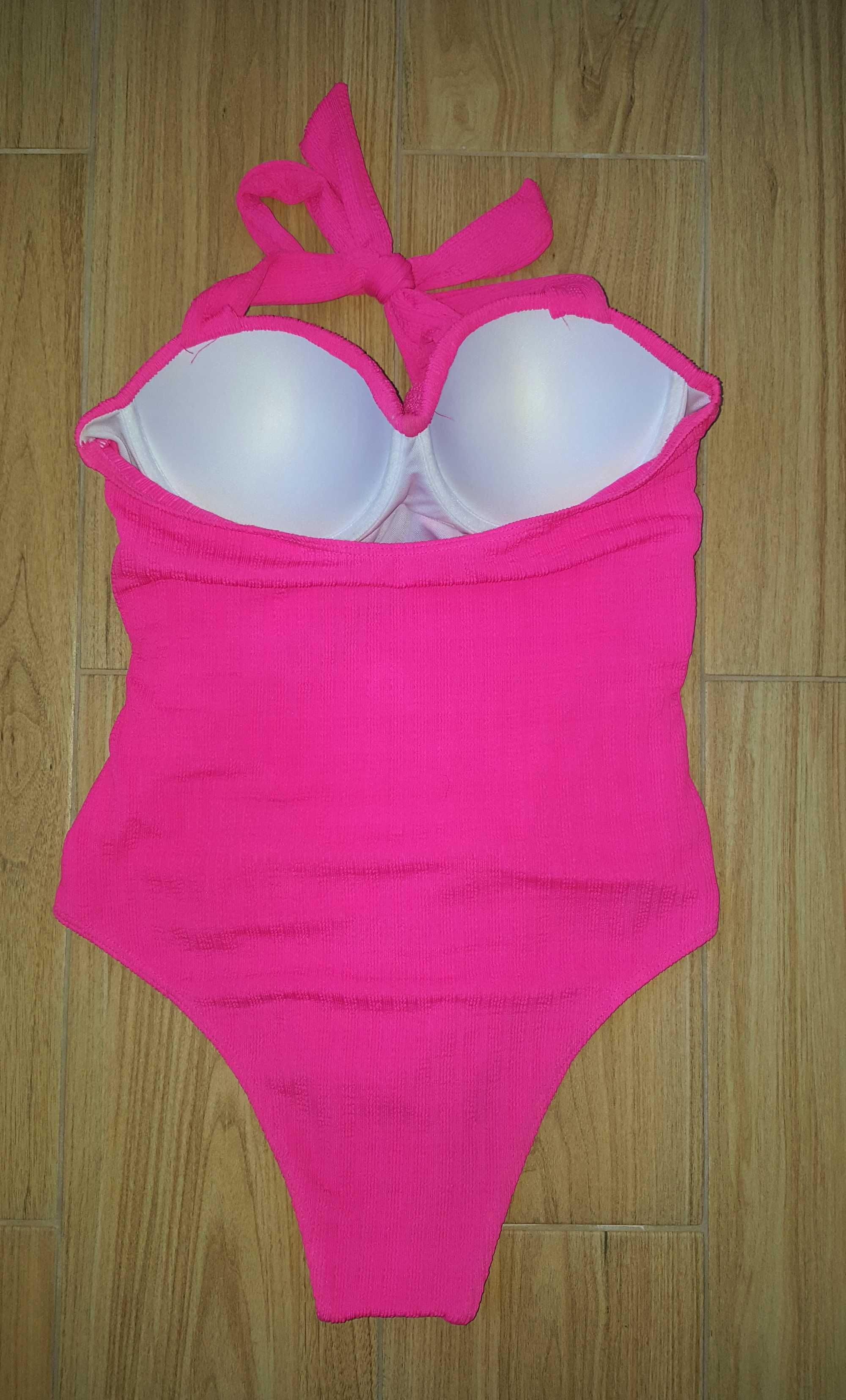 NEON różowy marszczony jednoczęściowy strój kostium kąpielowy