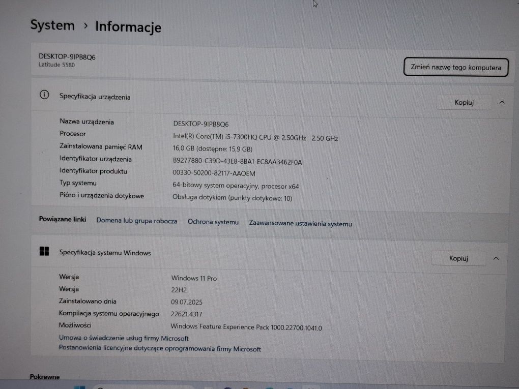 Laptop DELL  Latitude 5580  i5 7 Gen.  16GB RAM Dysk 512GB DOTYK