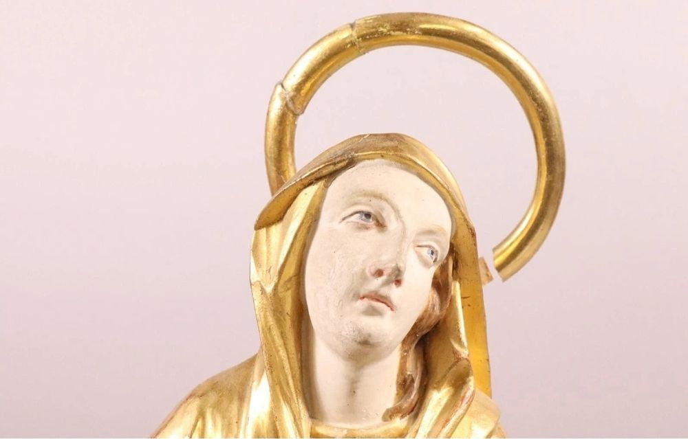 Figura Drewno Matka Boska w złotych szatach XVIII-XIX 50cm polichro