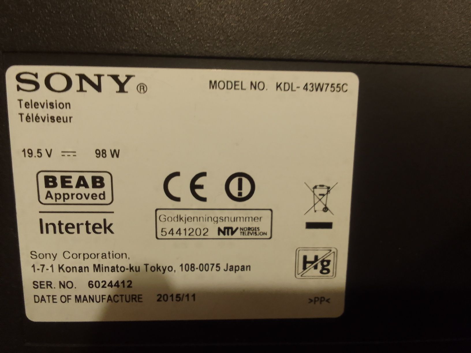 Sony tetevision KDL-43755C