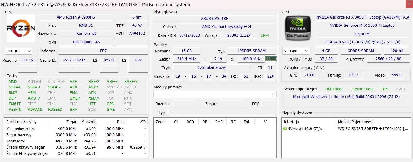 Asus ROG FLOW X13 13,4" RTX 3050TI R9-6900HS 16GB/1TB ekran dotykowy