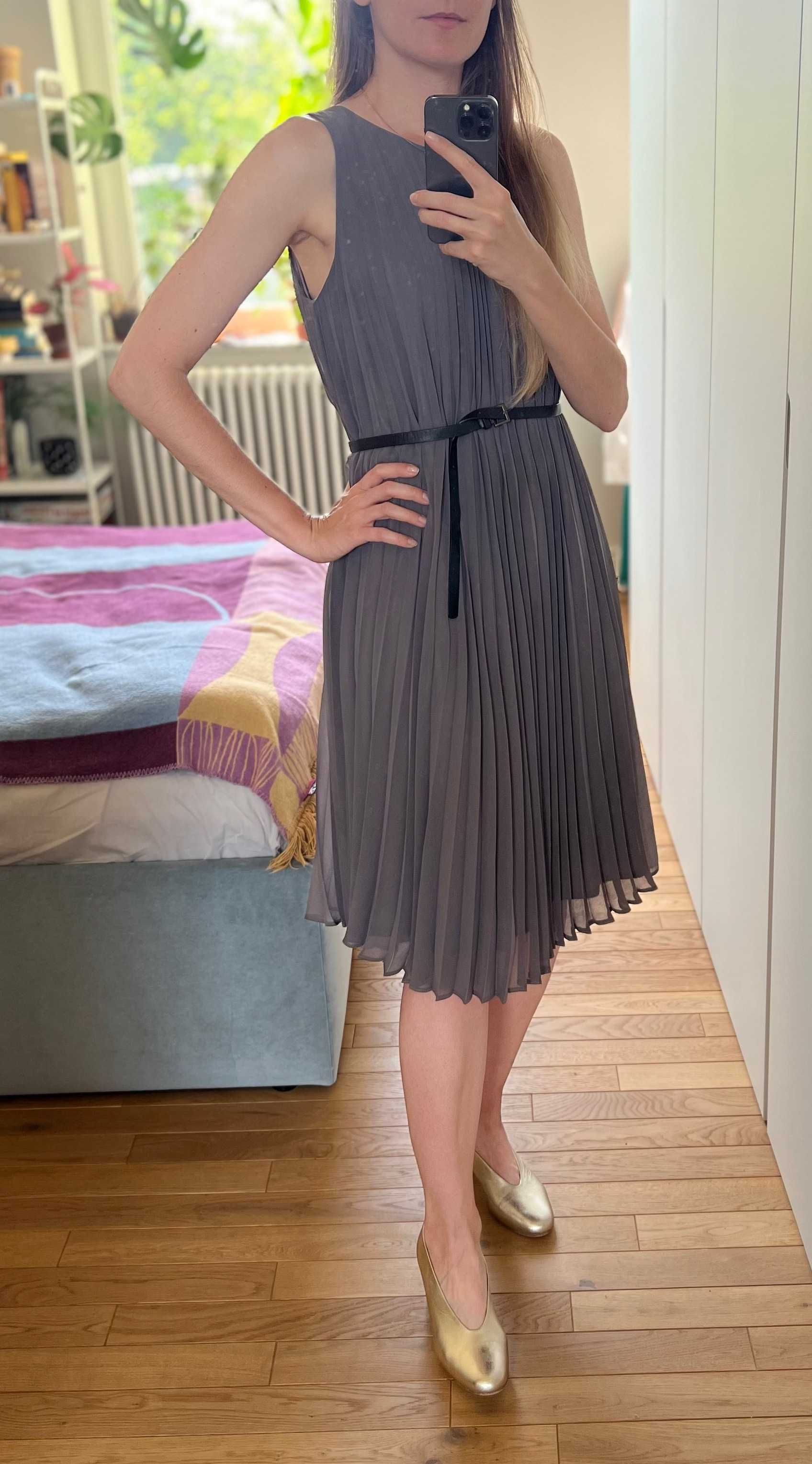 * elegancka sukienka plisowana Bialcon 42 XL ciepło szara *