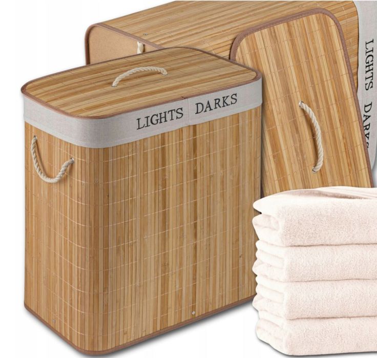 Kosz na pranie bieliznę bambusowy dwukomorowy z pokrywą pojemny 105L