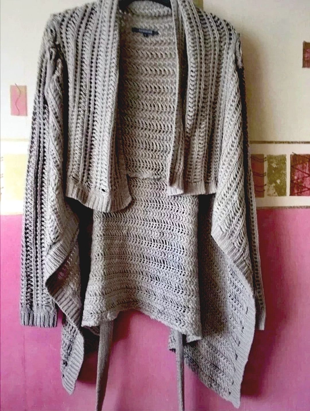 sweter narzutka wiązany z paskiem ażurowy water fall / RESERVED _ s/xs