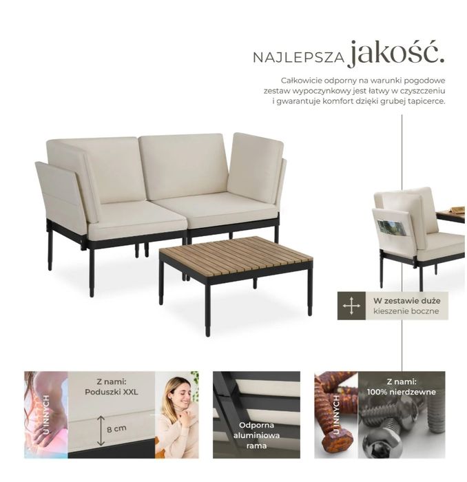 Zestaw mebli balkonowych/tarasowych, sofa lub fotele ze stolikiem.