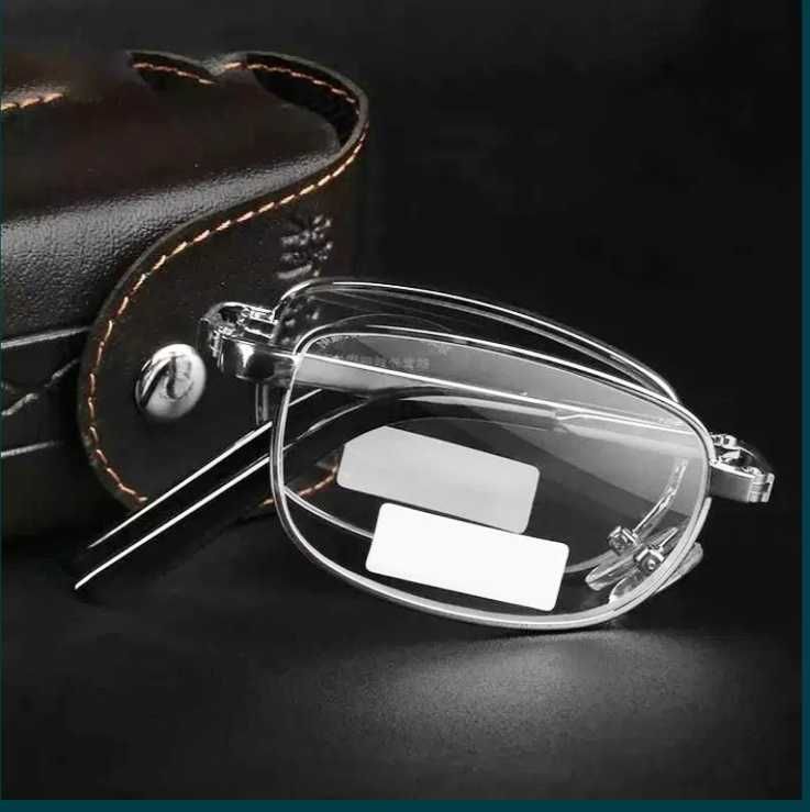 Складные очки для чтения +200 в чехле с салфеткой, цвет - серебро