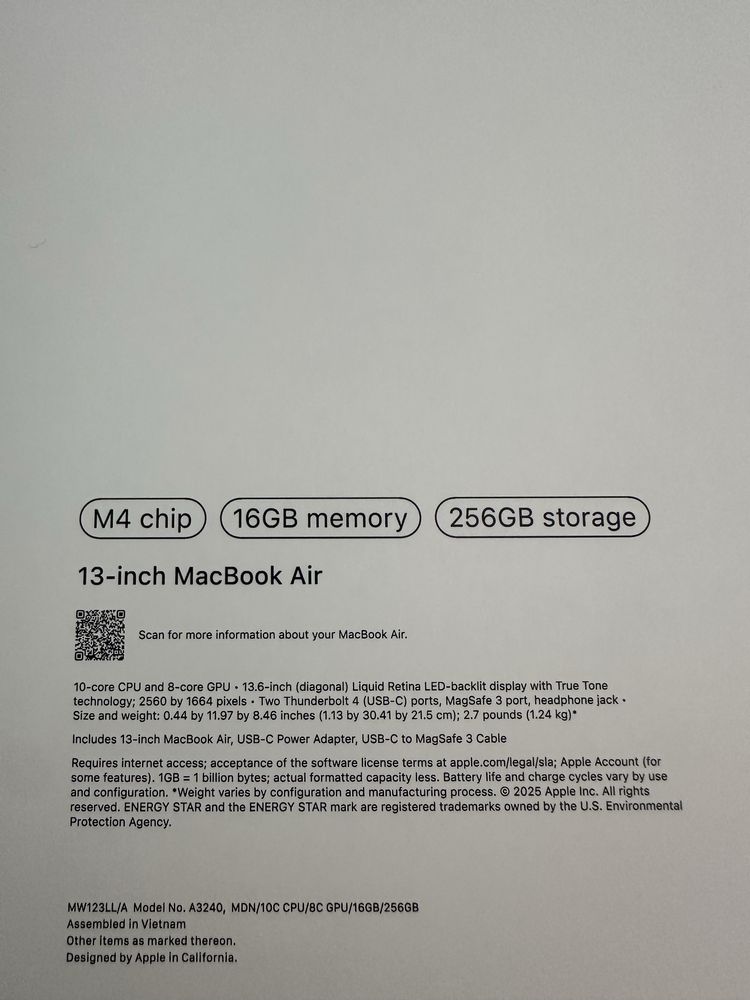 MacBook Air 13” 16GB 256GB M4 Midnight новий