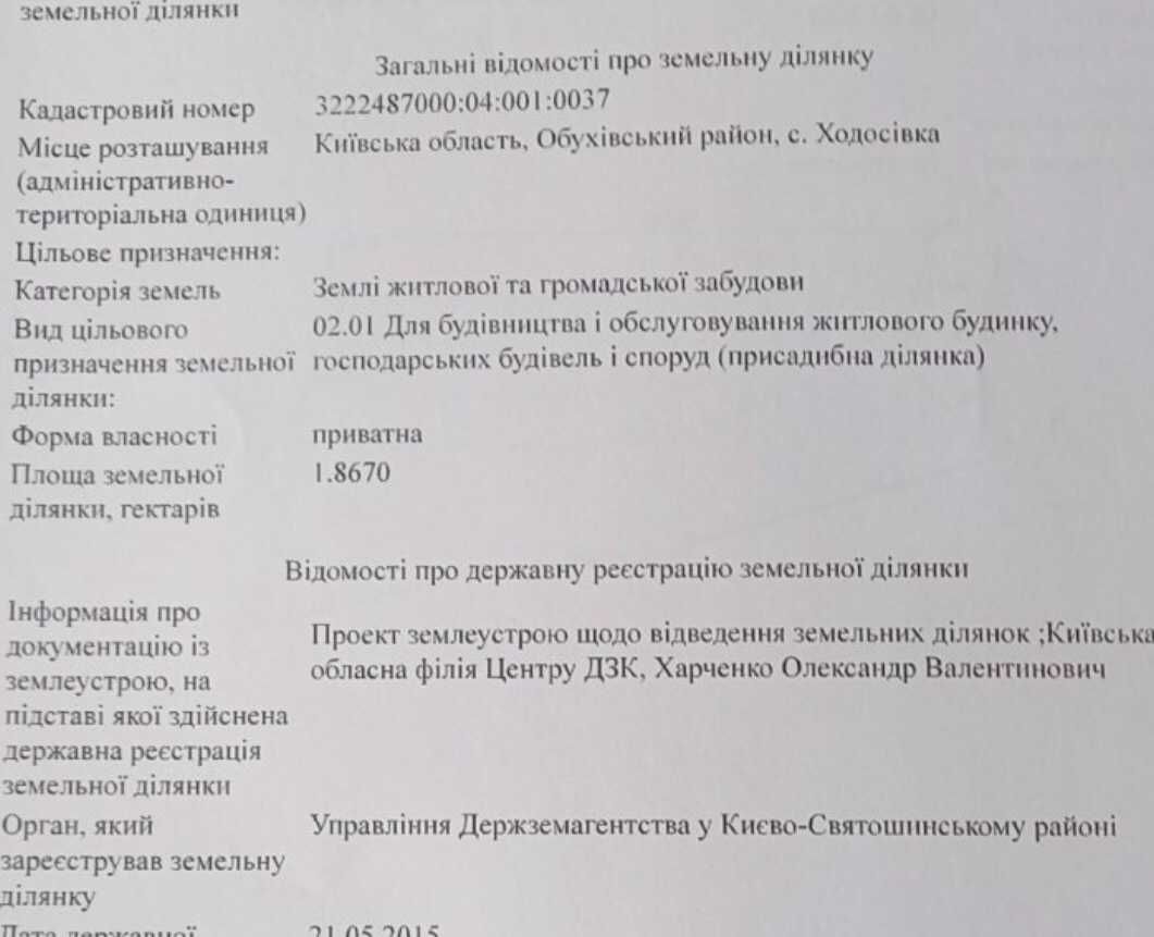 Обухівський р-он. с.Ходосівка.  1.867 га, під забудову.Продаж.