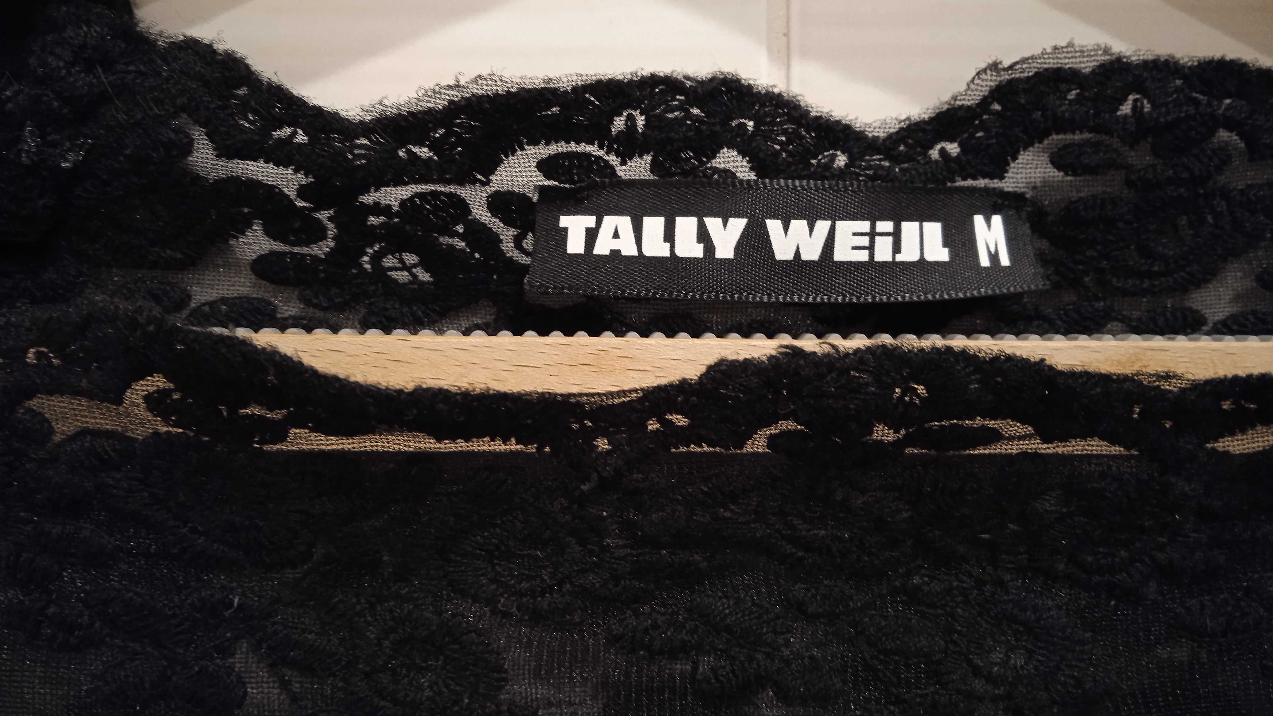 Czarny włochaty sweter z koronką Tally Weijl 38 M elegancki zmysłowy