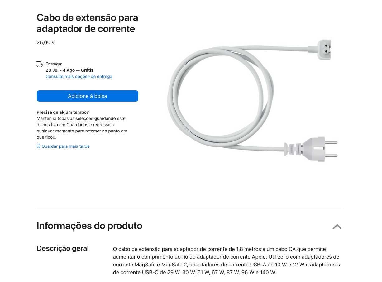 Cabo de extensão para adaptador de corrente Apple Original