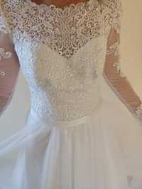 Suknia ślubna damska biała koronkowa haftowana tiul muślinowy L 40