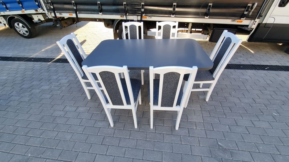 Nowe: Stół 80x140/180 + 6 krzeseł, bialy/blat grafit + grafit, OD RĘKI