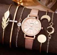 Zegarek damski analogowy kwarcowy różowy 5 bransoletek dla kobiety