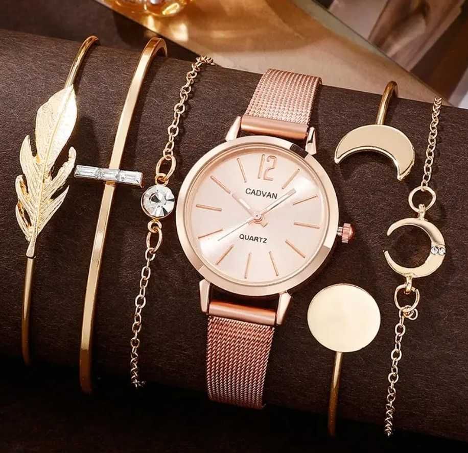 Zegarek damski analogowy kwarcowy różowy 5 bransoletek dla kobiety