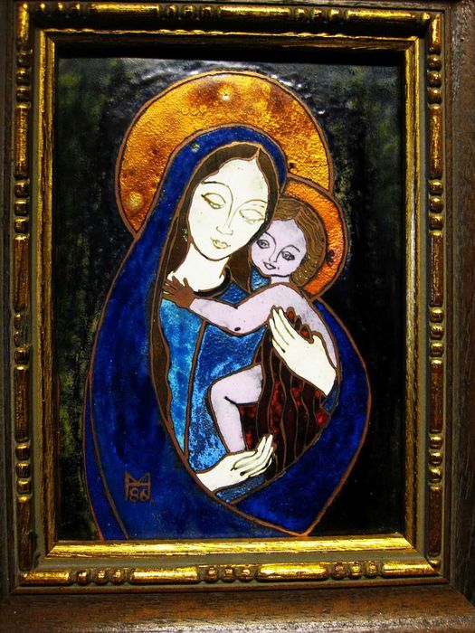 Pintura religiosa esmaltada - Nossa Senhora com o Menino - assinada