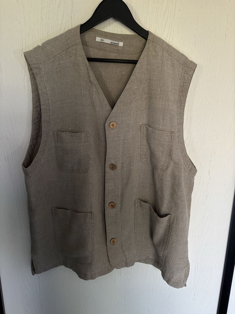 Kremowa lniana kamizelka w stylu vintage stan bdb