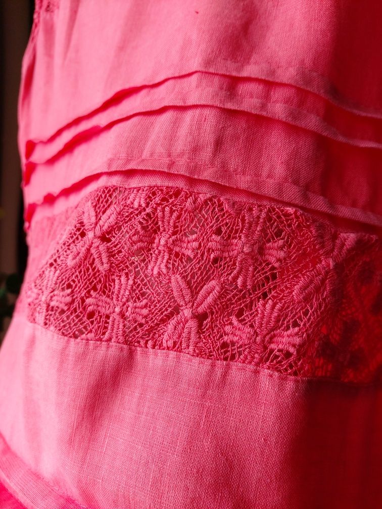 Lniana sukienka damska koralowa z koronka Made in italy M/L Linen