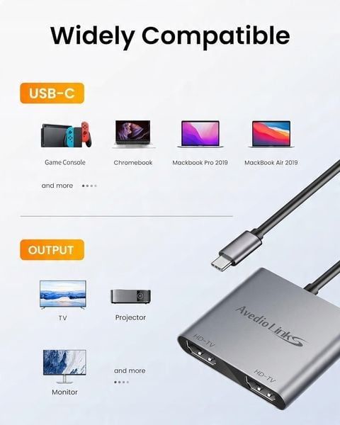 Adapter USB-C na 2x HDMI Hub avedio links Dual 4K 60Hz/30Hz DP Alt Mod