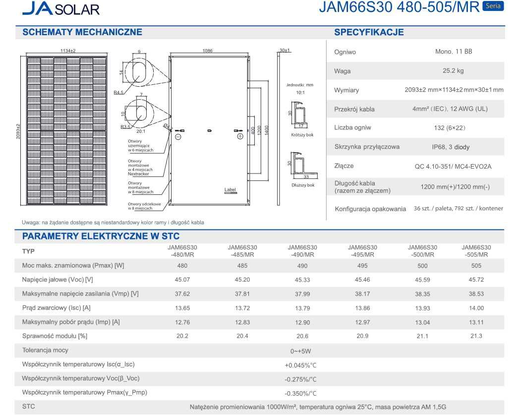 panele fotowoltaiczne 500W Ja Solar JAM66S30-500/MR rama moduł foto
