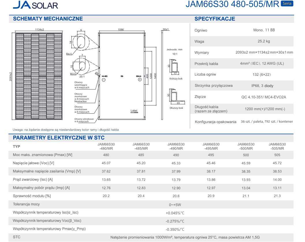 panele fotowoltaiczne 500W Ja Solar JAM66S30-500/MR czarna rama