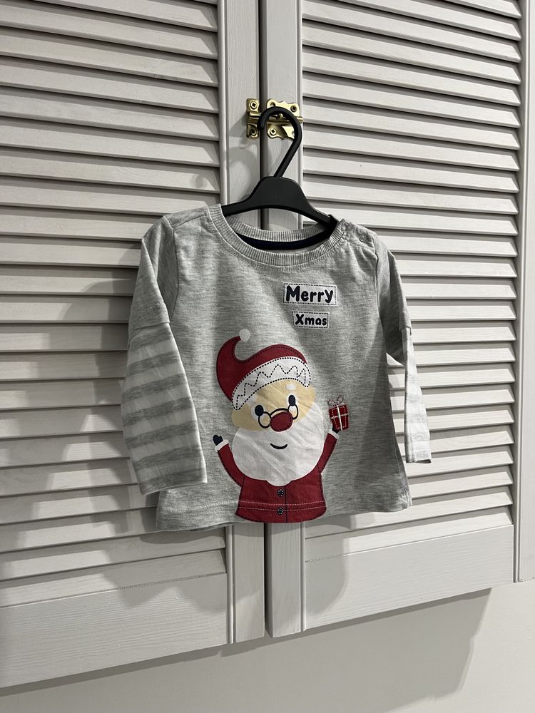 Bluzka świąteczna Pepco r.80 długi rękaw Merry Xmas Mikołaj