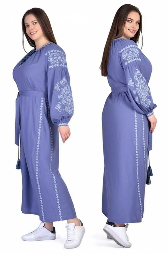 Вишукана блакитна лляна сукня вишиванка, Р-ри: S, M, L, XL, 2XL, 3XL