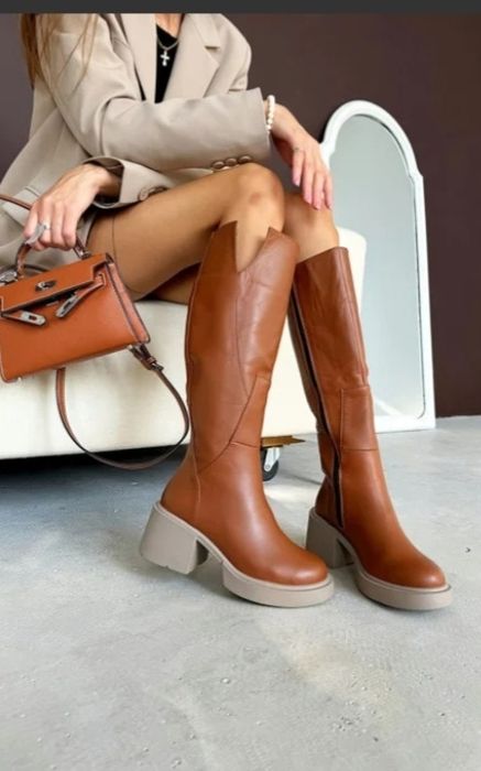 Високі чоботи карамель натуральна шкіра зимові