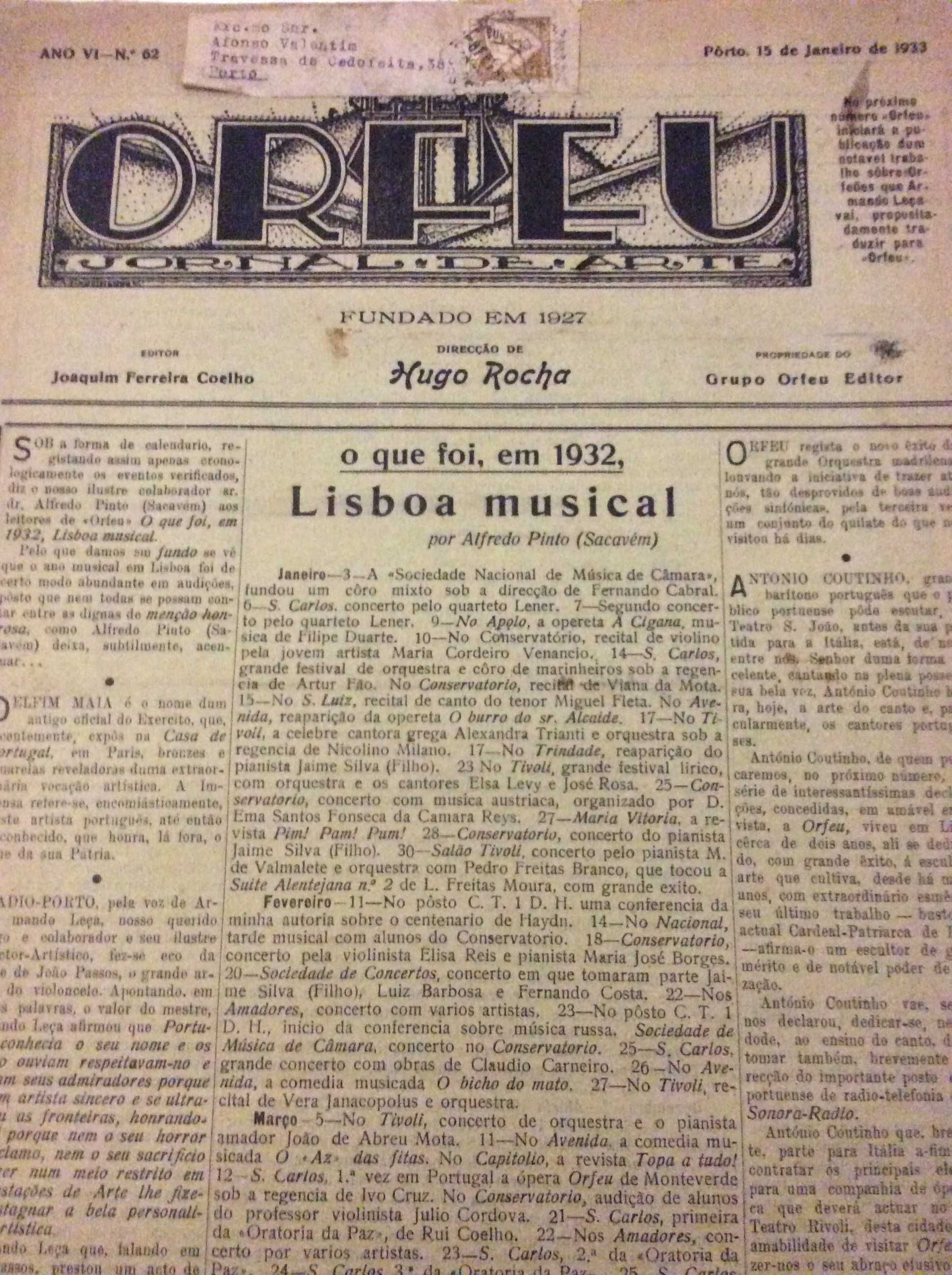 Orfeu. Jornal de arte. N.º 62, Pôrto 15 de Janeiro de 1933