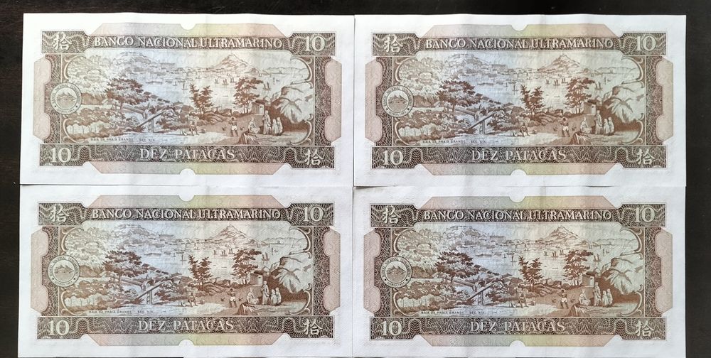 Lote 4 Notas 10 Patacas 1984 Macau Estado Novas e Números Seguidos