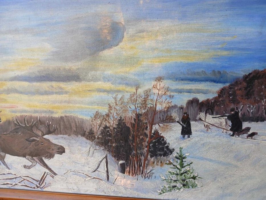 Obraz ręcznie malowany, stary Łosie, scenka na śniegu, polowanie 93x52