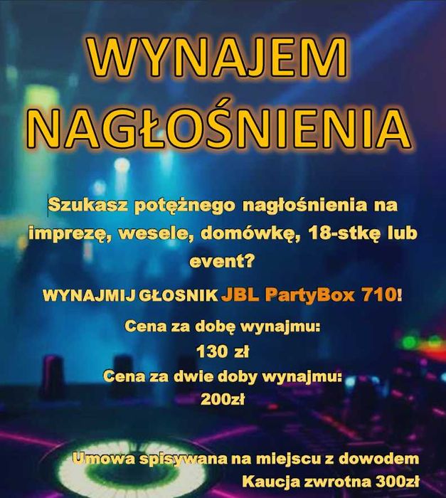 Promocja! Wynajem Oświetlenie imprezowe / głośnik JBL 710 / wytwornica
