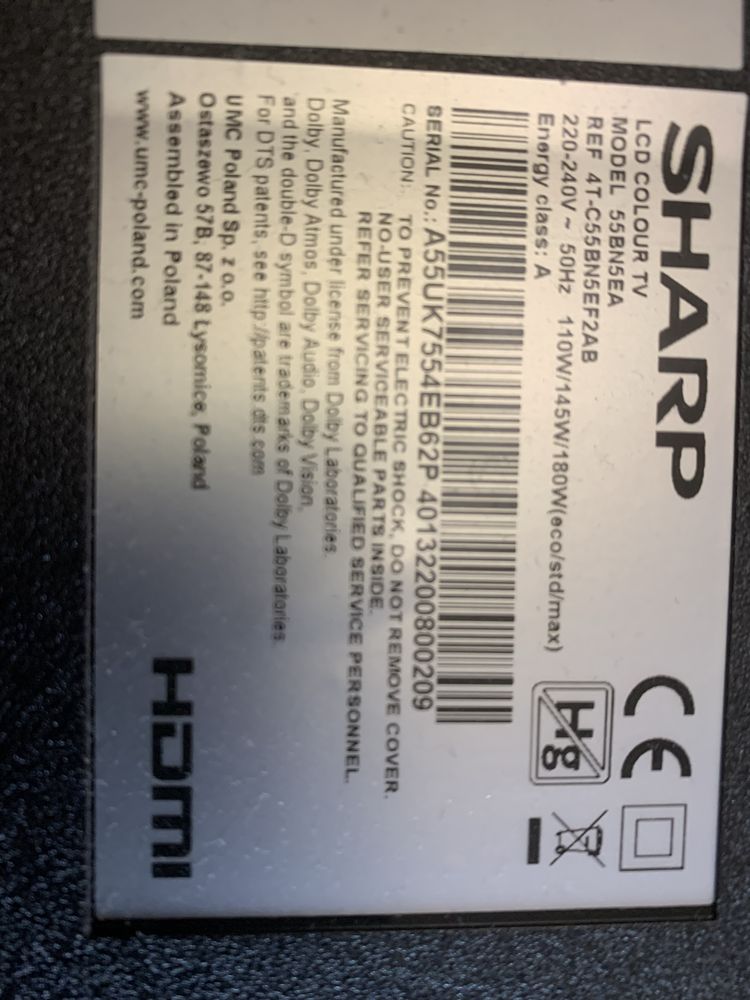 Телевизор SHARP 55 BN5EA поврежден.