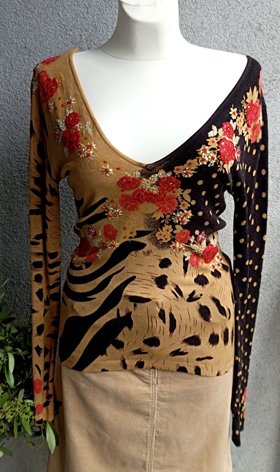 Bluzka Faust S M L biust 42-55 awangarda vintage print animal kwiaty