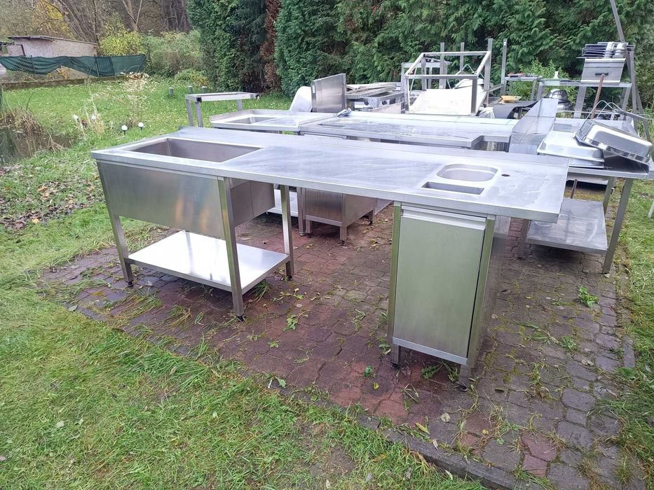 stół roboczy nierdzewny ze zlewami i koszem na odpadki 250cm