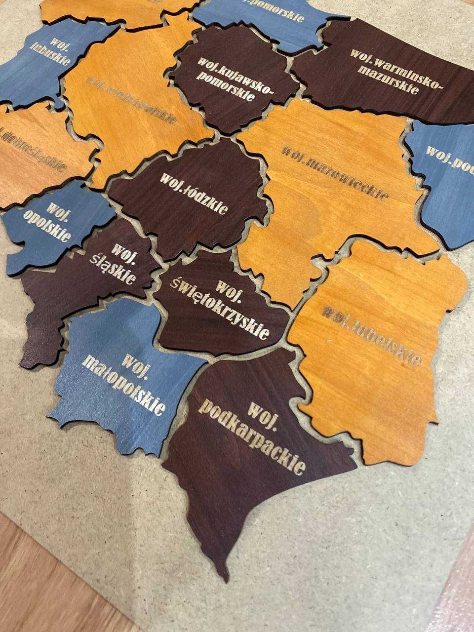 Drewniana mapa Polski 3D Miasta dekoracja ścienna
