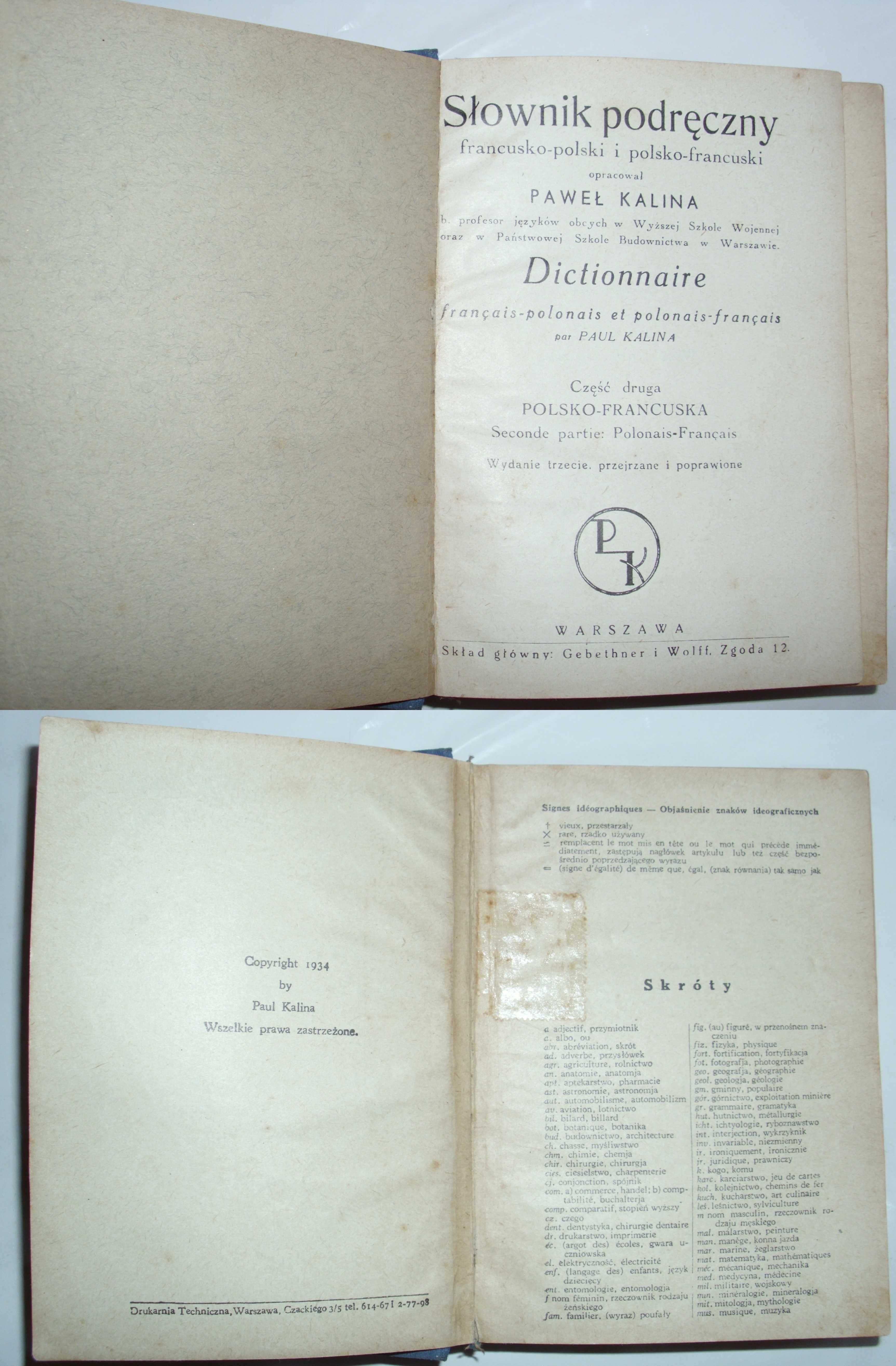 Paweł Kalina - Słownik podręczny francusko-polski i polsko-franc, 1933