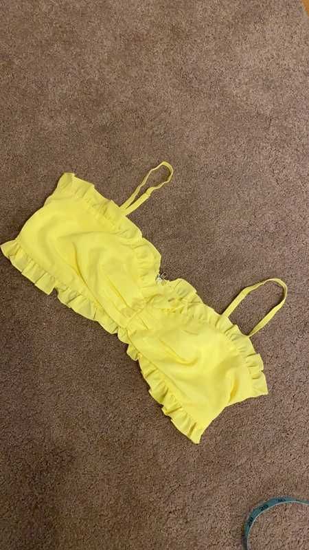Żółty marszczony top dollskill tiger mist. Y2k S 95% bawełna