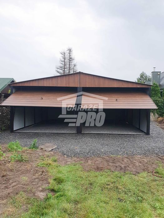 Garaż blaszany 6x7 2x Brama drewnopodobny dwuspadowy  GP150