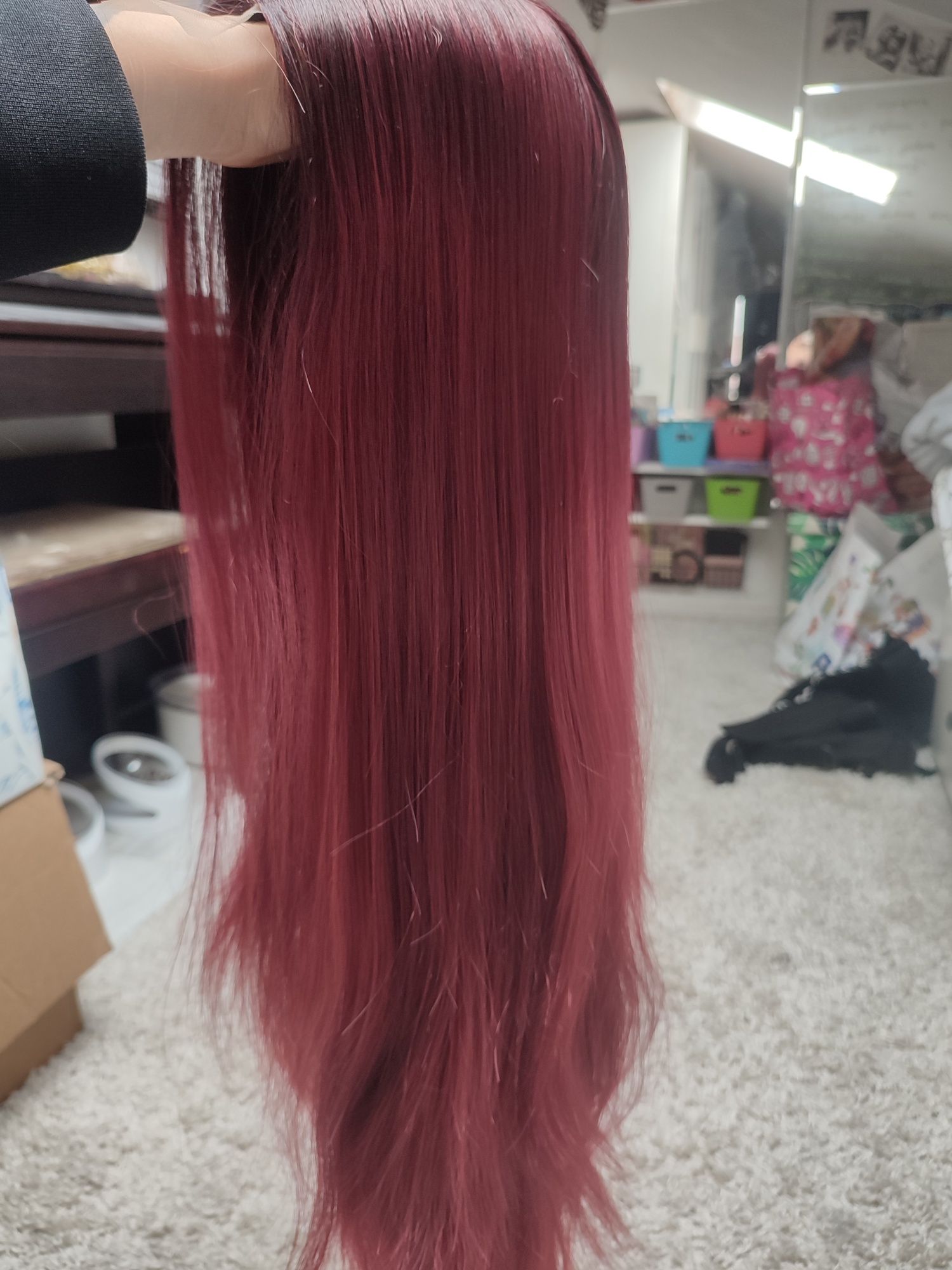 Peruka długa lace front gęsta bordowa ombre burgund sombre cosplay