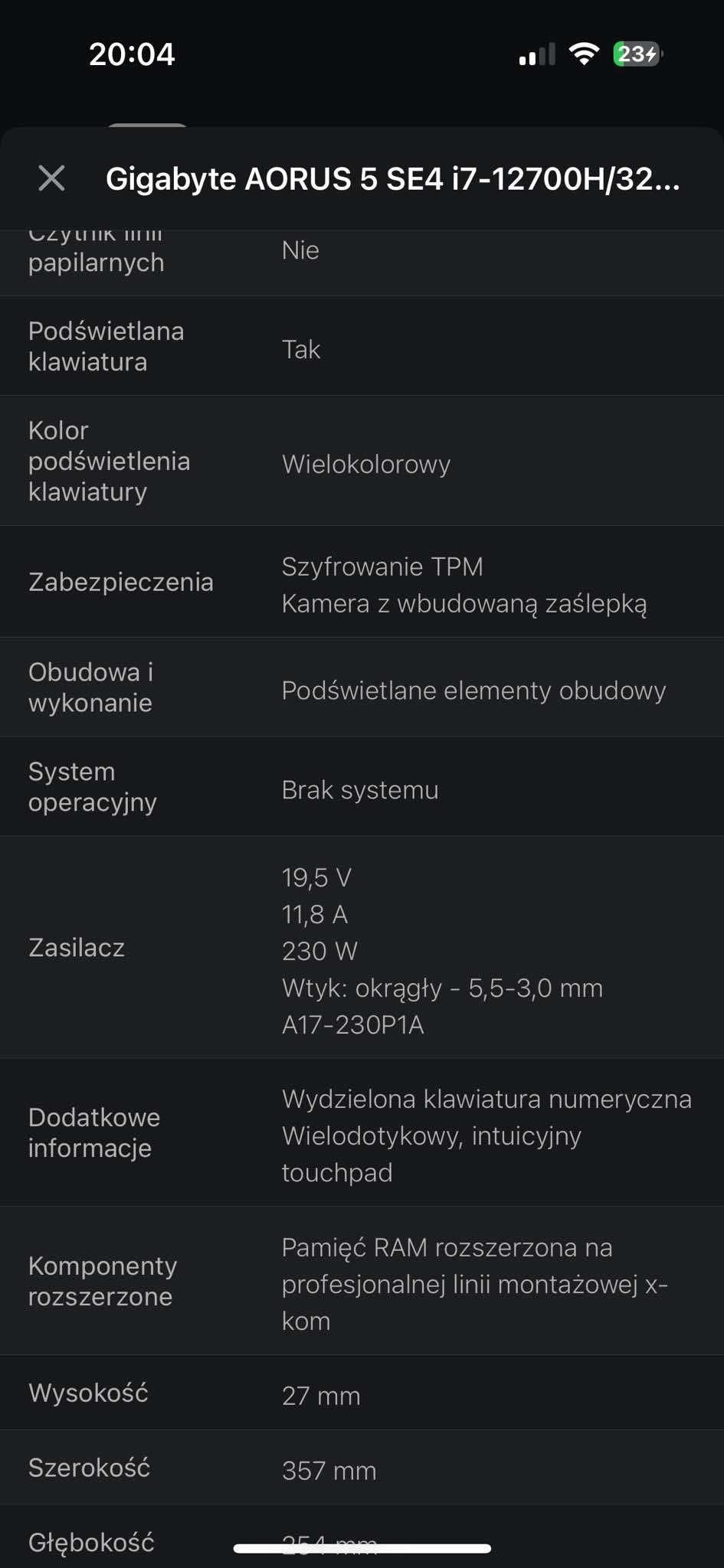 Gigabyte AORUS 5 SE4 i7-12700H/32GB/1TB RTX3070