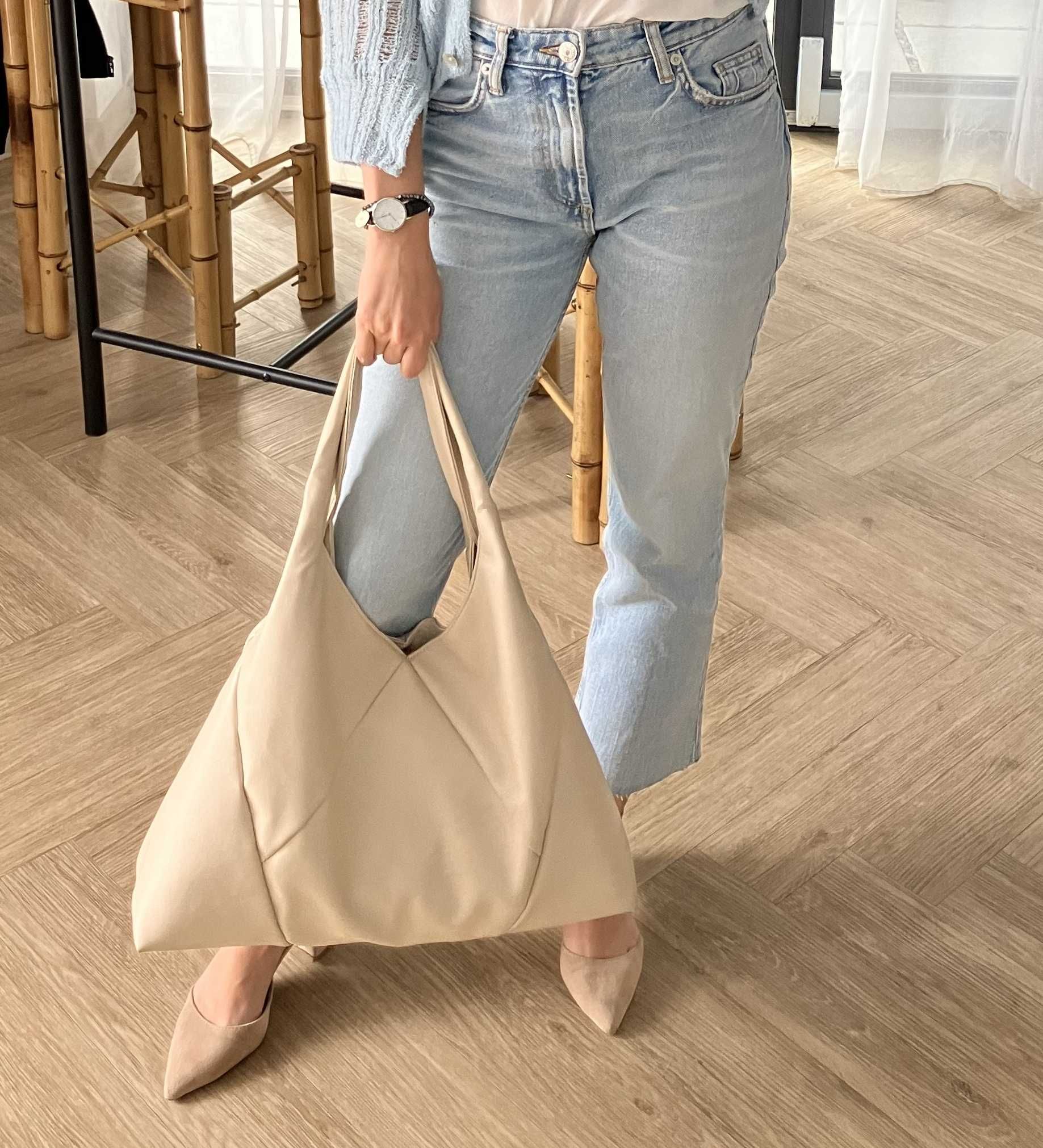 Kremowa torebka trapez patchwork lato worek duża torba shopper cream