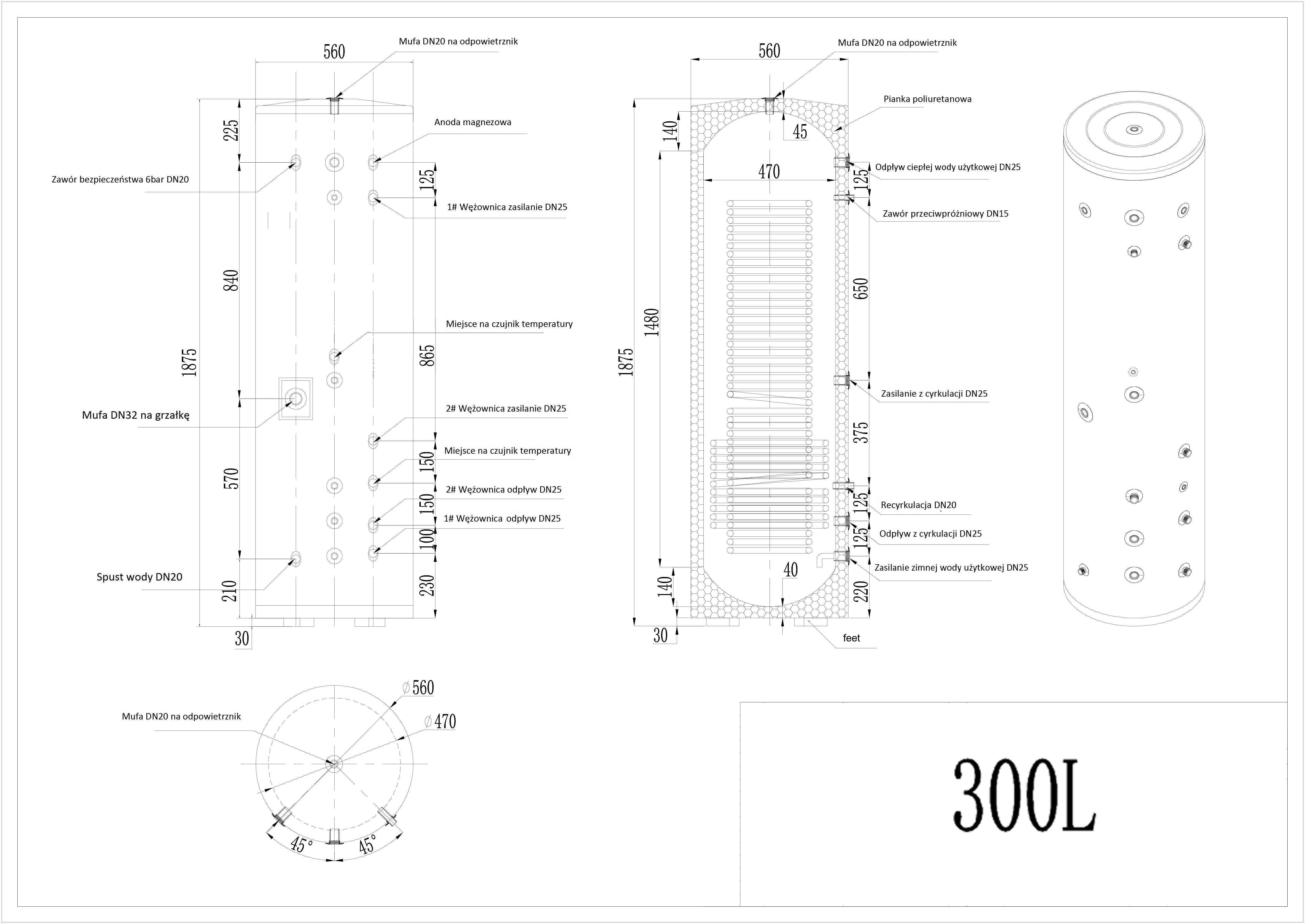 Bojler zbiornik CWU 300L do pompy ciepła, solar nierdzewny 2 wężownice