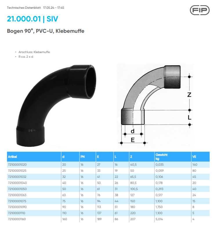 FIP SIV025 System PVC-U Łuk 90 Ciśnieniowy RÓWNOPRZELOTOWY