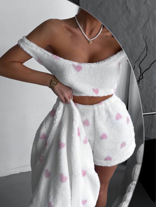 Жіноча піжама трійка, Тепла махрова піжамка з сердечком