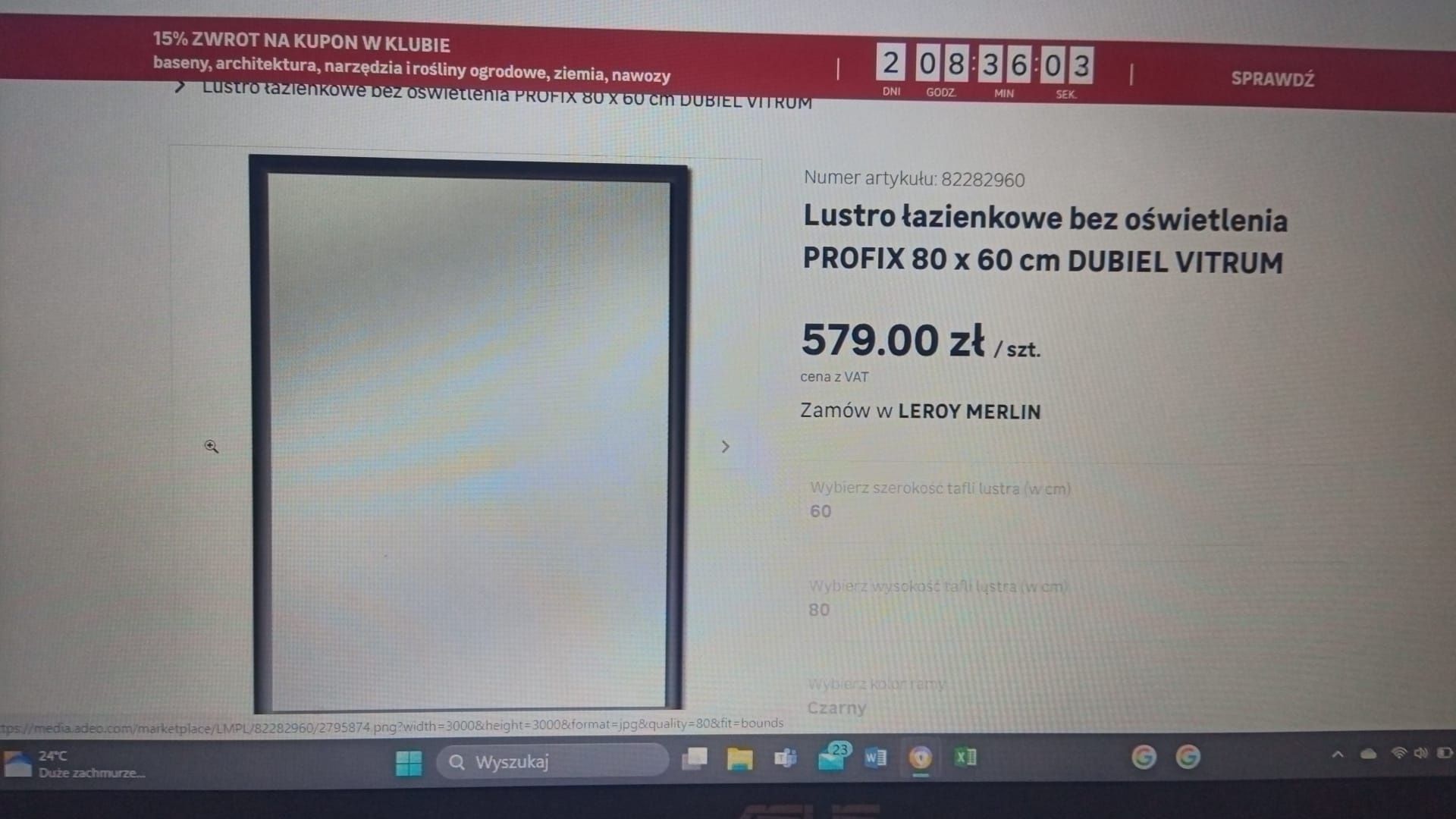 Lustro łazienkowe 60x80 czarna rama aluminium
