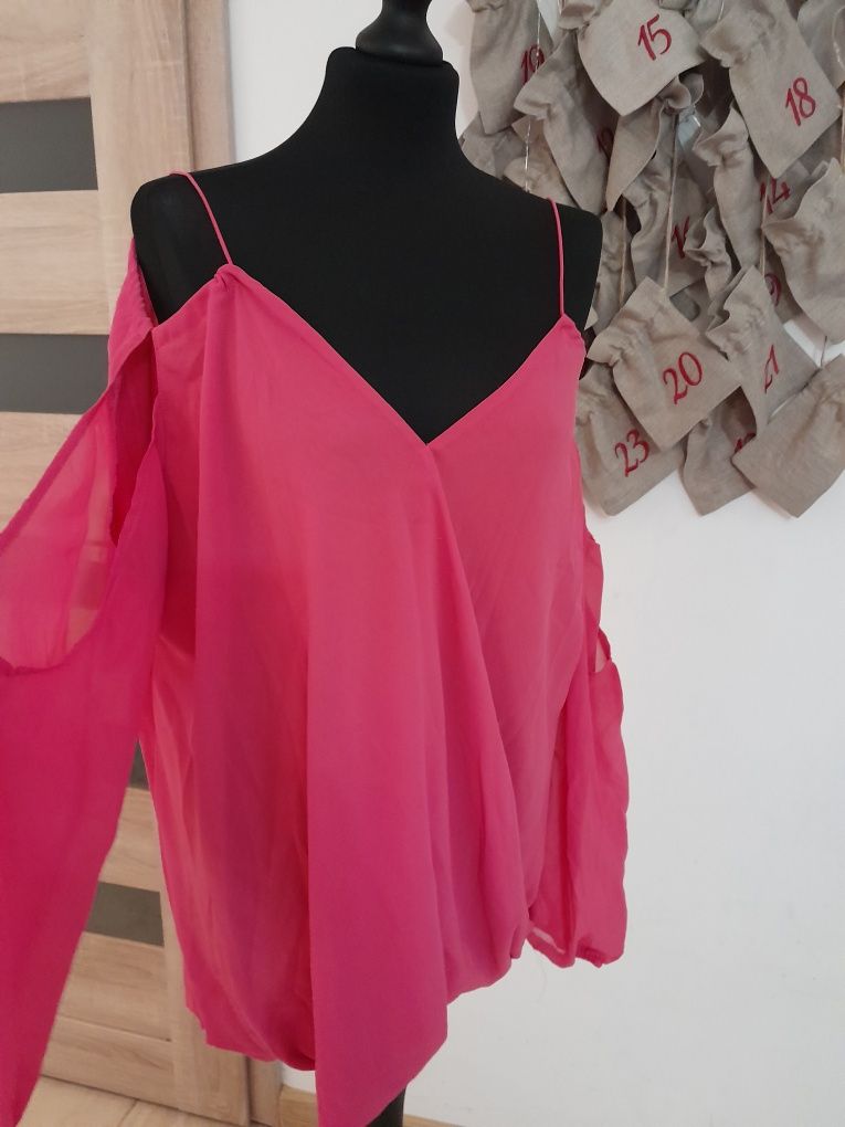 Różowa bluzka koszulowa elegancka wiązana odkryte ramiona XXL 44