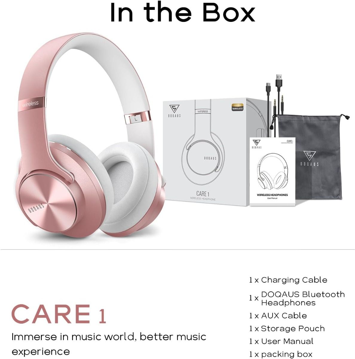 Doqaus Care 1 Słuchawki Nauszne Bluetooth Hifi Różowe Złoto