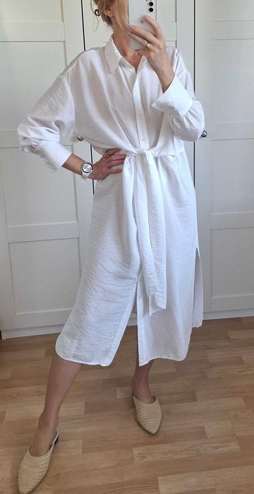 Biała Sukienka Koszulowa H&M Wiązanie z przodu S/M wiskoza